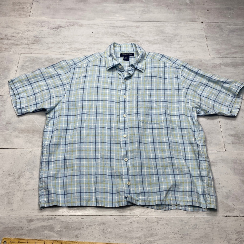 Brooks Brothers Irish Linen Shirt Mens L Blue Plaid Short Sleeve Button Down